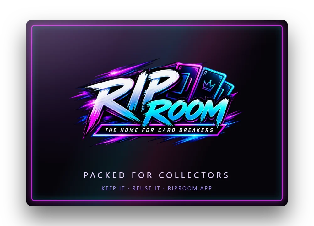 The RipRoom card box, closed: gloss black with the RipRoom logo and 'Packed for collectors'