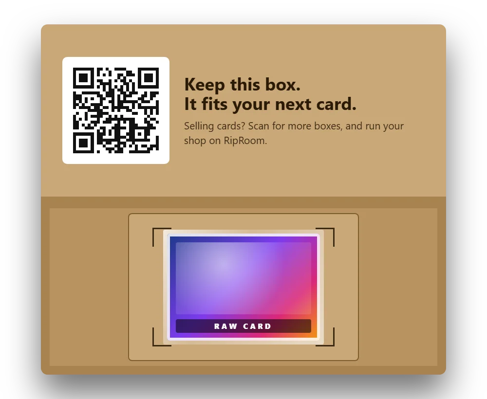 The box open: a QR code inside the lid, and a card in a team bag held flat by four corner slits
